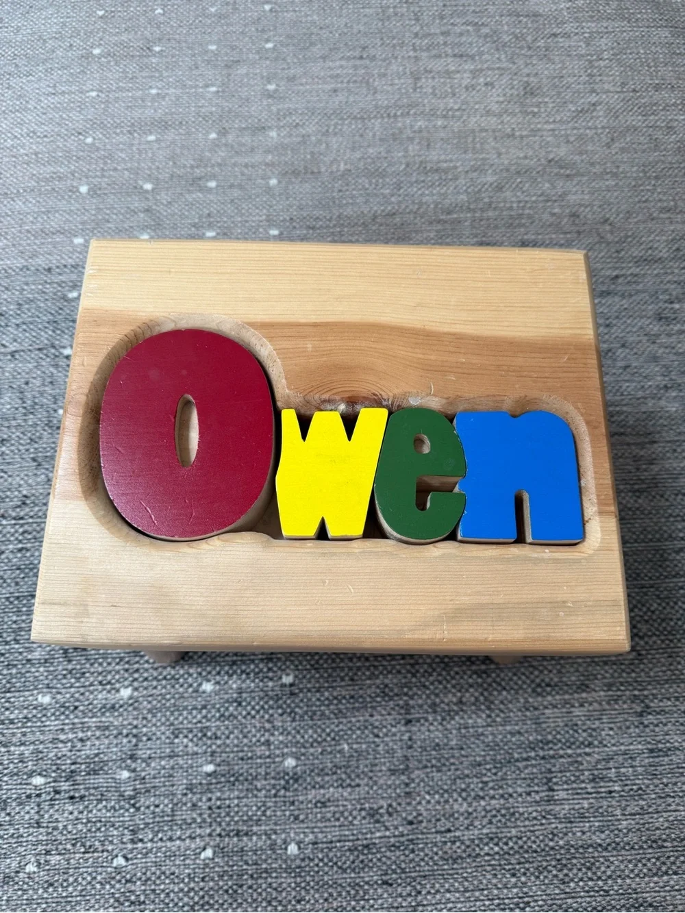 Wooden Name Puzzle Stool 'Owen' - Multicolor Letter Blocks